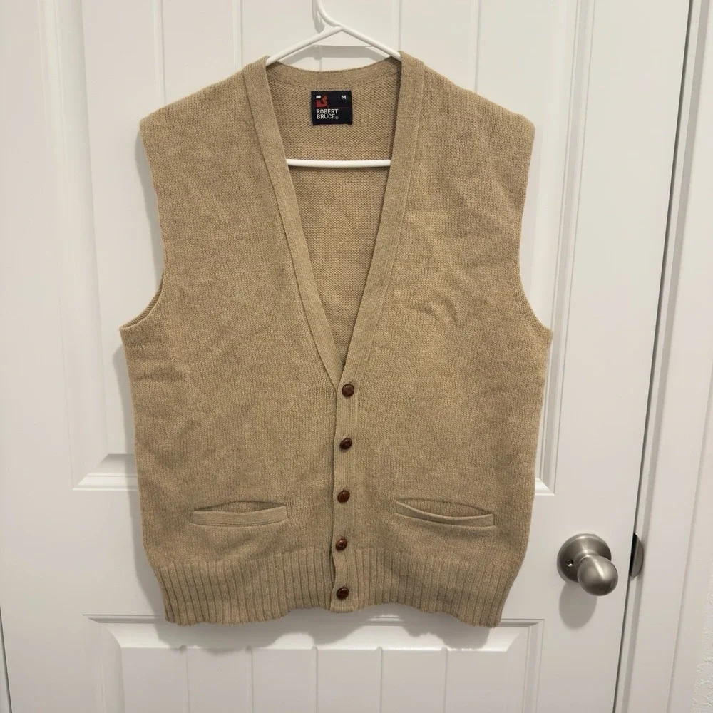 Robert Bruce Men's Vintage Tan Wool Blend Button Sweater Vest Size Medium